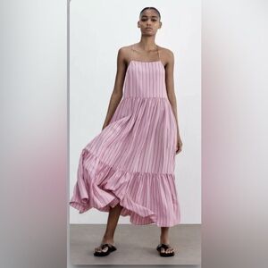 Zara Pink and Blue Striped Midi Dress